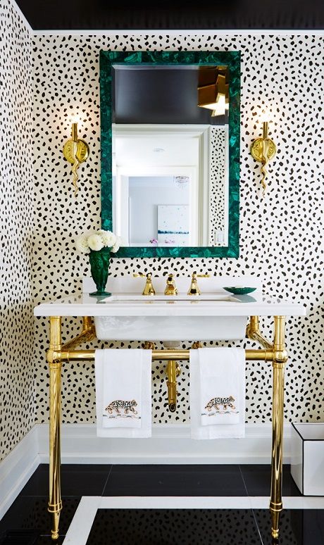 glamorous powder room polka dot wallpaper decor