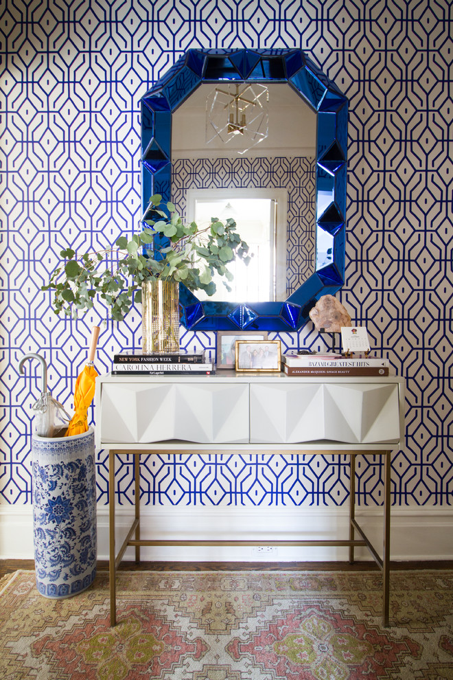 geometric wallpaper eccentric blue entryway console table decorating